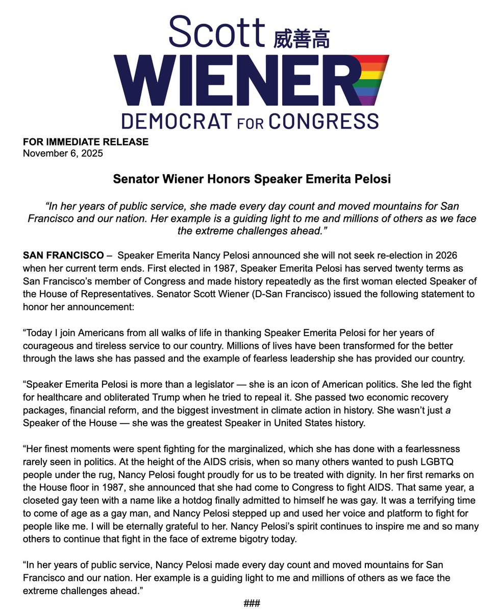 Scott_Wiener's tweet image. My statement on Speaker Emerita Nancy Pelosi’s announcement she won’t seek reelection next year: