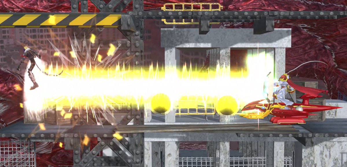 DRA_Remake's tweet image. In ultra, Gallantmon is assisted by Grani to freely fly across the stage. Pressing guard makes him break any projectile around him with a shield, and his down special is enhanced to Yuggoth Blaster, firing a laser helped by tracking gold projectiles!

#projectdigimon #gallantmon