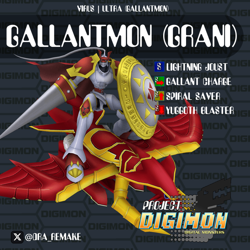 DRA_Remake's tweet image. In ultra, Gallantmon is assisted by Grani to freely fly across the stage. Pressing guard makes him break any projectile around him with a shield, and his down special is enhanced to Yuggoth Blaster, firing a laser helped by tracking gold projectiles!

#projectdigimon #gallantmon