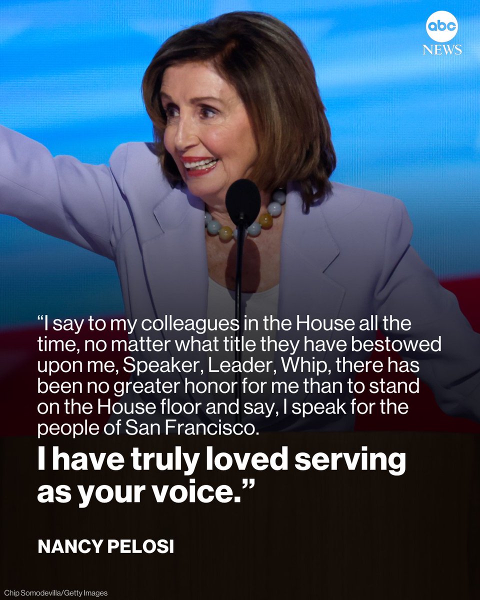 ABC's tweet image. &quot;I have truly loved serving as your voice.&quot;
 
Former House Speaker Nancy Pelosi has announced that she will retire at the end of her current term in Congress.
 
Read more: abcnews.link/Ab31nB4