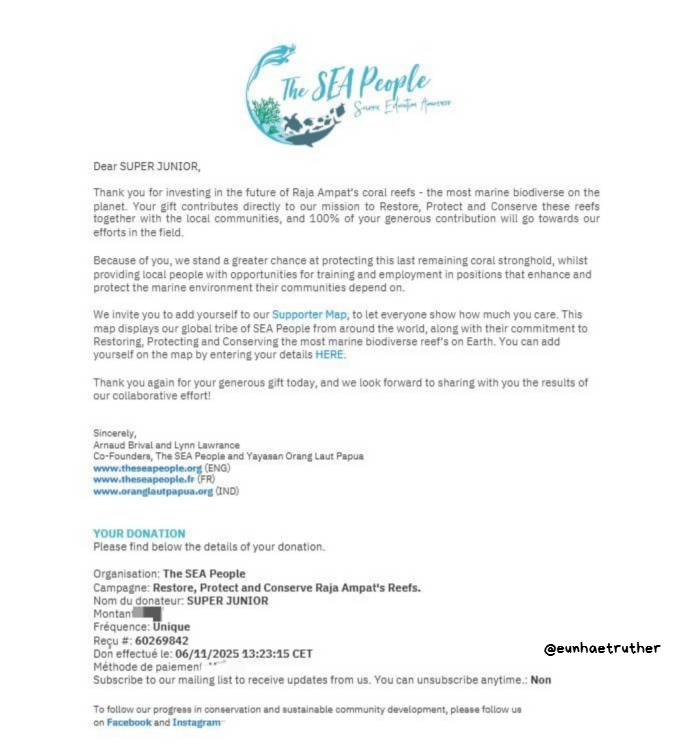 eunhaetruther's tweet photo. hello, elfs! 💙 in order to celebrate super junior's 20th anniversary, i donated to 4 platformsto save the sea and its creatures under super junior's name! 🥳💙

MORE DECADES WITH SUPER JUNIOR
#SUPERJUNIOR #슈퍼주니어
#20toEternitySuperJunior
#슈퍼주니어_더라스트맨_스탠딩 https://t.co/bOrj2cH1or