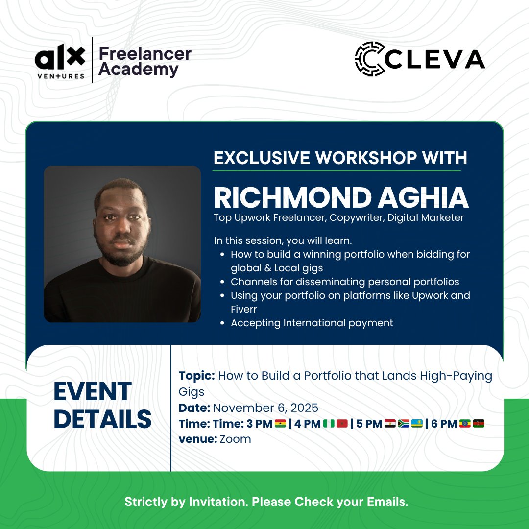 Amazing turnout at our last Masterclass! 🙌

Next up: an Exclusive Workshop:
 “How to Build a Portfolio/Profile that Lands High-Paying Gigs”

Led by Richmond Aghia, Top Upwork Freelancer, Copywriter &amp; Digital Marketer. 

Join Us.

#ALXFreelancerAcademy #DoHardThings