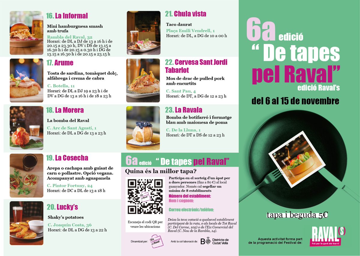 eixraval's tweet image. Sabeu que hi ha una manera fantàstica de descobrir el Raval i la seva gastronomia? vine a la nostra ruta de tapes del 6 al 15 de novembre. Si tastes un mínim de 8 pots guanyar un dinar/sopar per un valor màxim de 80 €. #menjarbé #Ravals #Raval #tapes #rutes