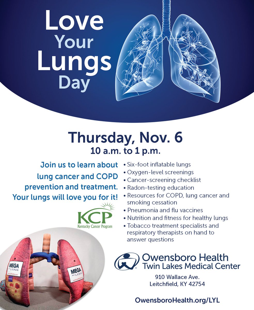 KyCancerProgram's tweet image. Love Your Lungs Day - Leitchfield

Join us today, 11/6 from 10 AM-1 PM to learn about:

*Lung Cancer
*COPD Prevention &amp;amp; Treatment
*And so much more

Your lungs will love you for it!