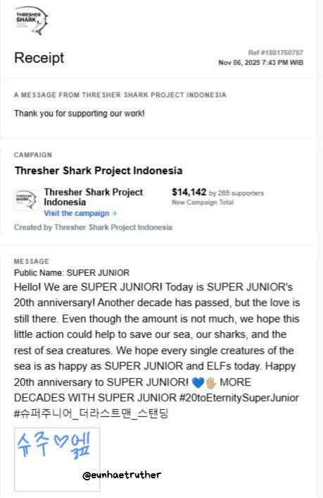eunhaetruther's tweet photo. hello, elfs! 💙 in order to celebrate super junior's 20th anniversary, i donated to 4 platformsto save the sea and its creatures under super junior's name! 🥳💙

MORE DECADES WITH SUPER JUNIOR
#SUPERJUNIOR #슈퍼주니어
#20toEternitySuperJunior
#슈퍼주니어_더라스트맨_스탠딩 https://t.co/bOrj2cH1or