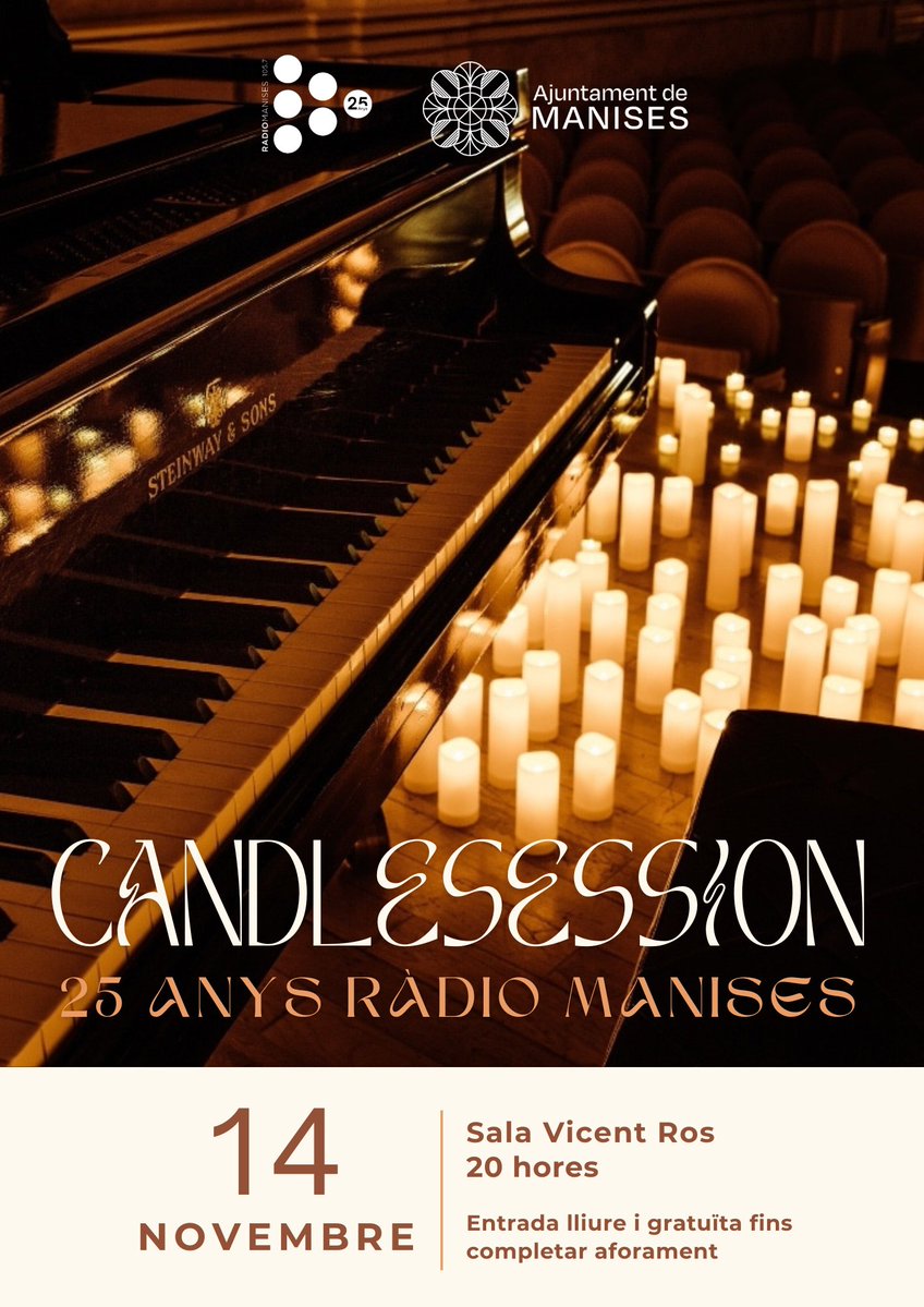 AytoManises's tweet image. 📻Ràdio Manises continua celebrant el 25º aniversari amb un concert ”Candle Session”
🕯️🕯️Milers de ciris envoltaran al públic en un ambient màgic i evocador
Tota la informació👉 acortar.link/LgpZZA
📅 Divendres 14 de novembre
🕝 20 h
📌Sala Vicent Ros (Casa de Cultura)