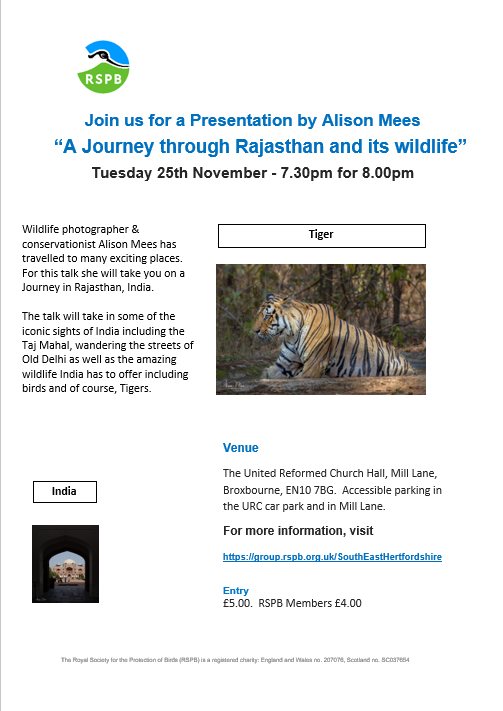 Alison Mees is giving a talk for South East Herts RSPB later this month...