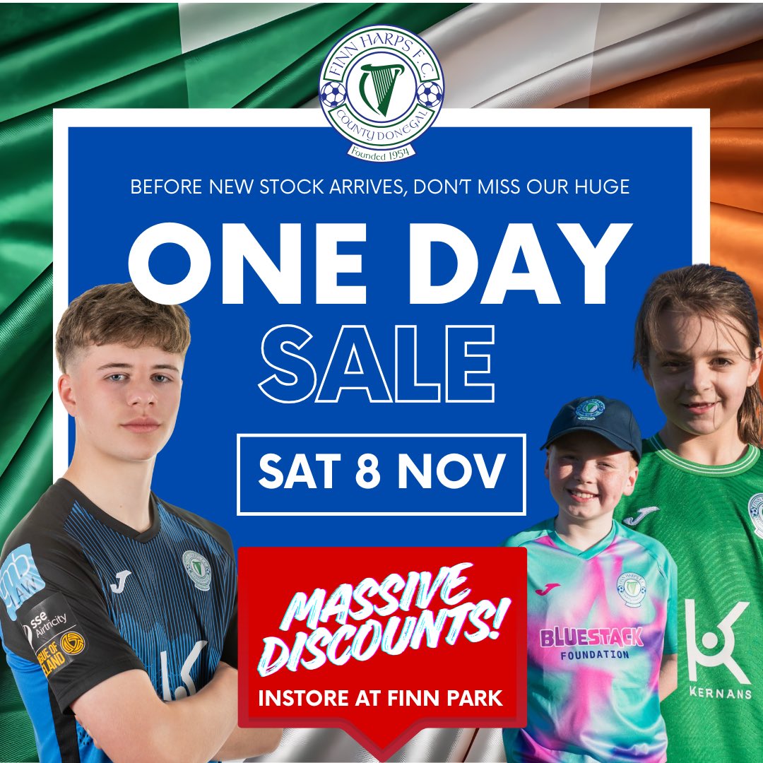 FinnHarpsFC's tweet image. 🔥 ONE DAY SALE - THIS SATURDAY! 🔥

📅 Saturday, November 8th
🕓 11am – 3pm
📍 In-store at Finn Park

Massive discounts across a huge range of Harps gear - jerseys, training wear and more! 🔵⚪️

Perfect chance to grab a bargain or get your Christmas gifts early 🎁