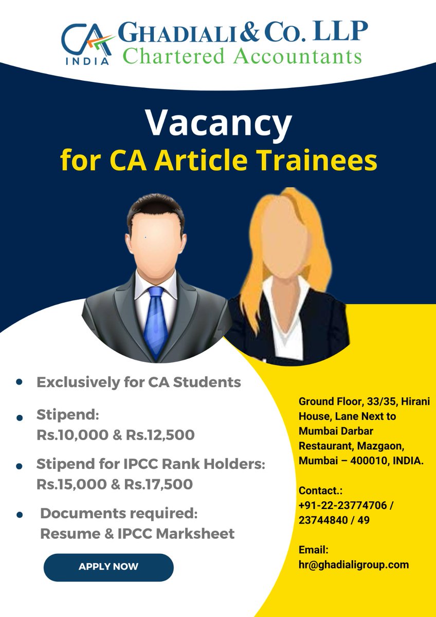 Articleship Opportunity – GHADIALI &amp; CO. LLP  (Mumbai)
We’re inviting articled assistants to join our dynamic practice at GHADIALI &amp; CO.LLP 
- Position: Articled Assistant 
- Location: Mumbai.
- Email your CV to hr@ghadialigroup.com