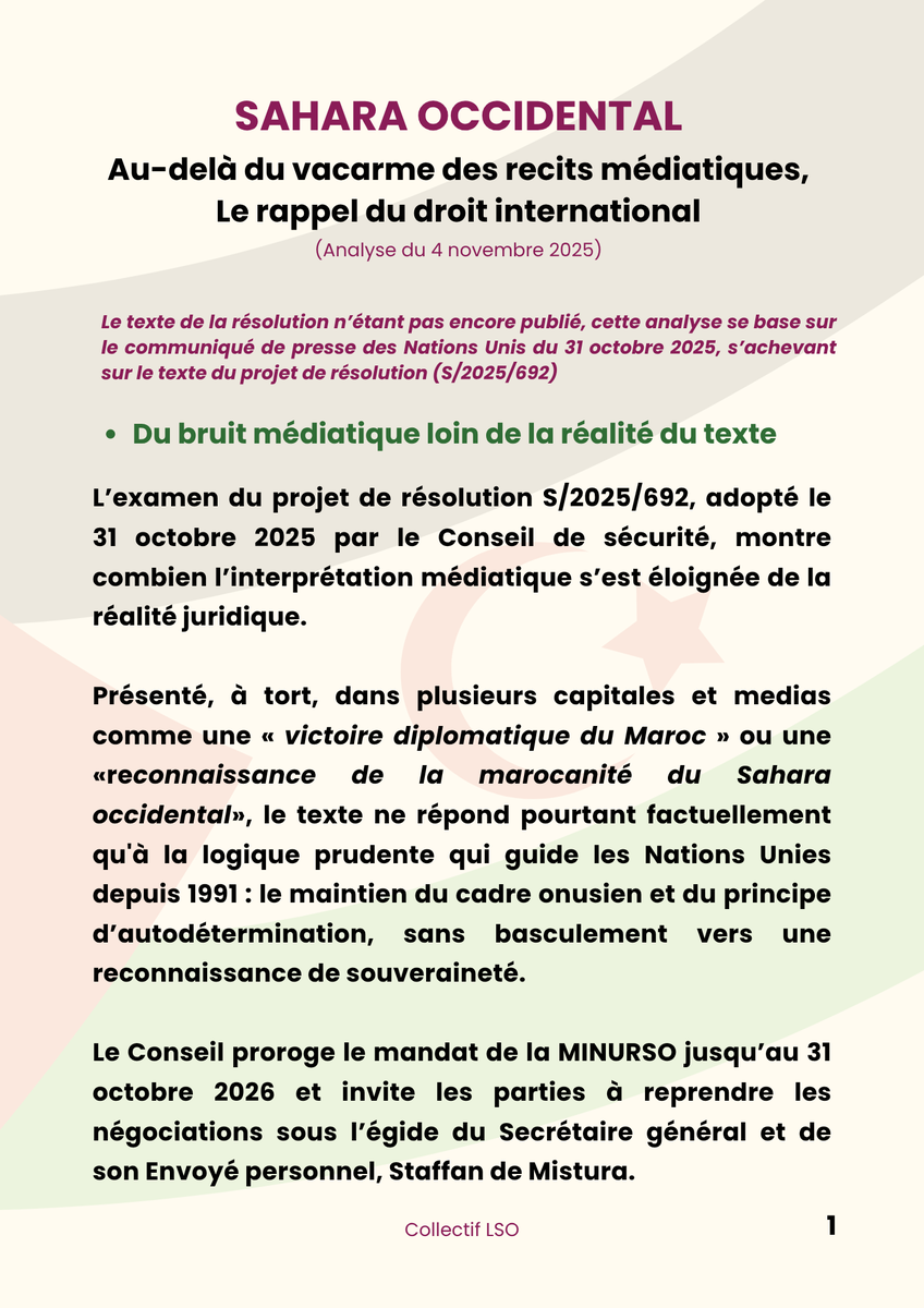 🇪🇭🇺🇳Ni victoire, ni tournant : la résolution 2797 prolonge le statu quo au #SaharaOccidental

✍️Une analyse revient sur le décalage entre la communication triomphante et la réalité du droit international⤵️