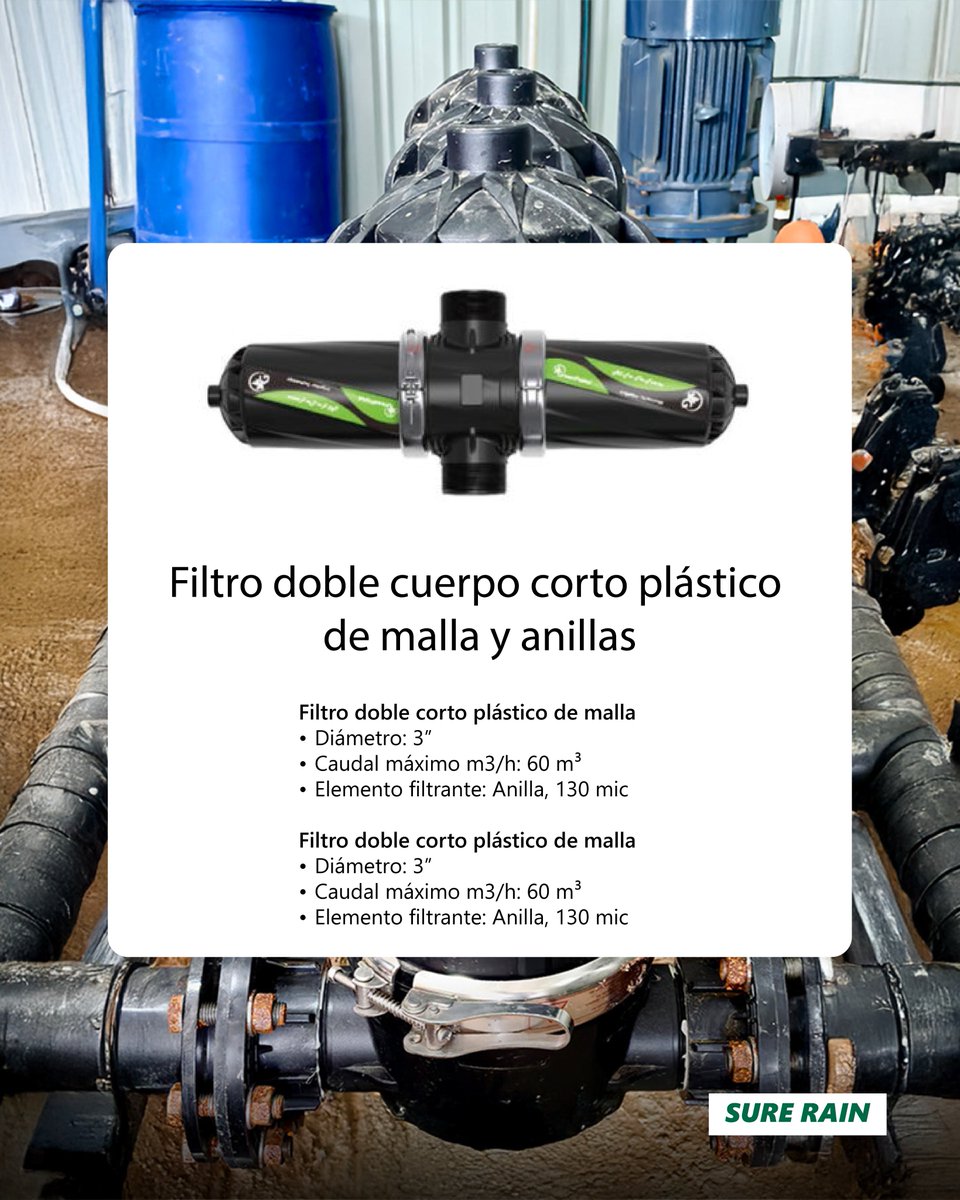 SureRain's tweet image. Filtros de anilla plástica y de malla metálica GREENPLAIN💦

👉 Filtro tipo T de anilla plástica
Medidas: 2" y 3"

👉 Filtro tipo T de anilla metálica
Medidas: 2" y 3"

👉 Filtro doble cuerpo corto y largo  plástico de malla y anillas
Medidas: 3"