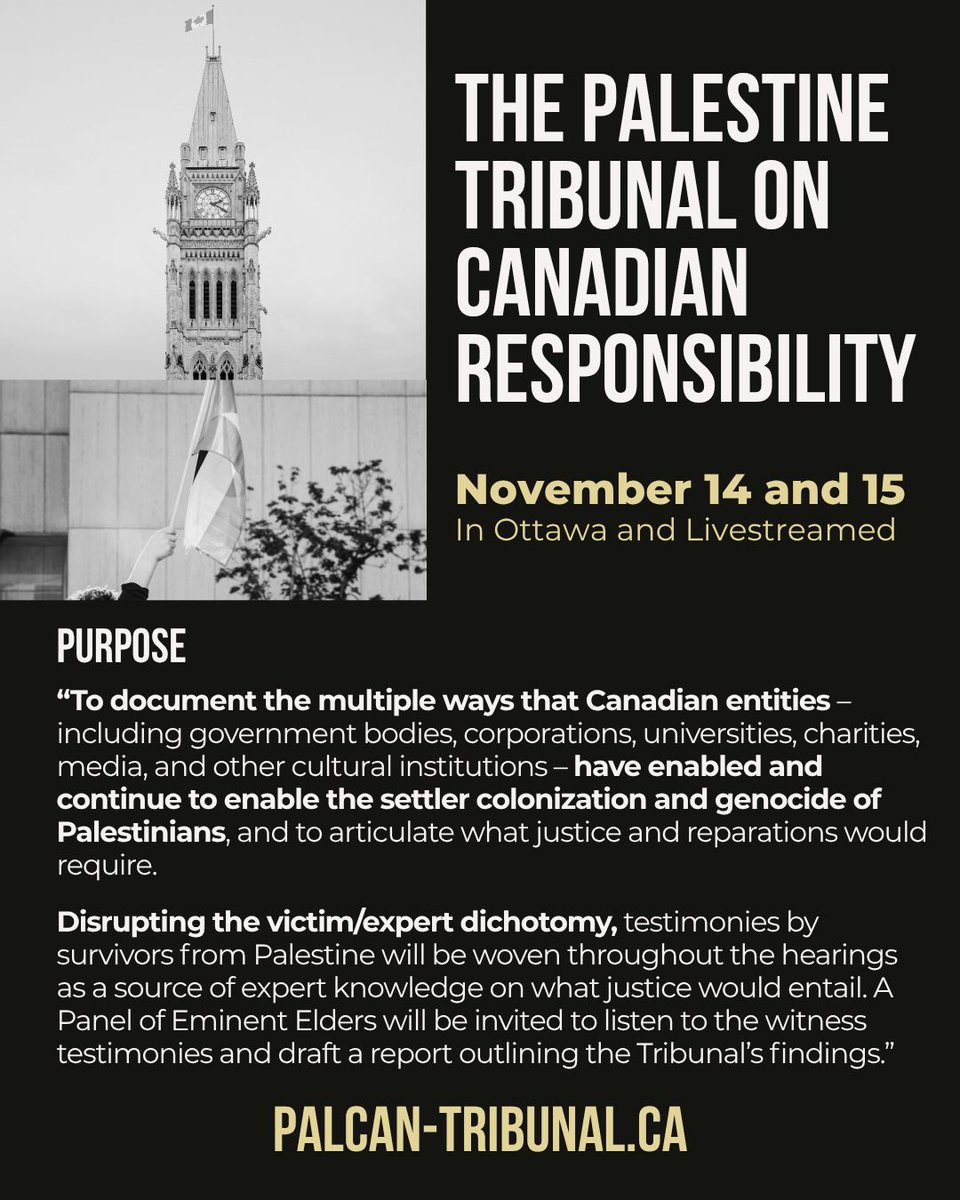 We're grateful to share that Just Peace Advocates' Executive Director, Karen Rodman, will be speaking at The Palestine Tribunal on Canadian Responsibility happening in Ottawa + livestreamed November 14-15. 
palcan-tribunal.ca