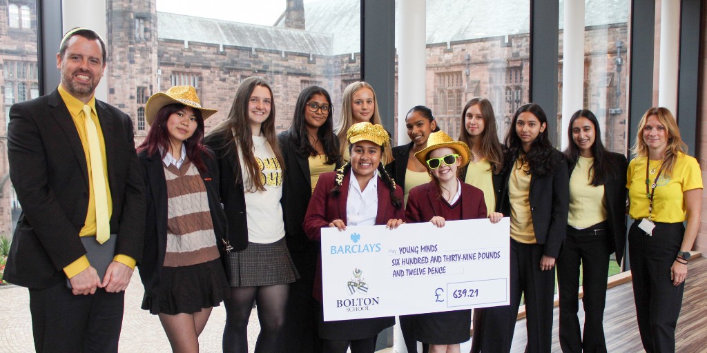 BoltonSch's tweet photo. The Girls' Division raised over £630 for the charity @YoungMindsUK on World Mental Health Day last month by taking part in #HelloYellow - helping to show all young people they are not alone with their mental health. Thank you to all of our #BSGD students and their families for supporting this important cause.

#BoltonSch #BoltonCharity