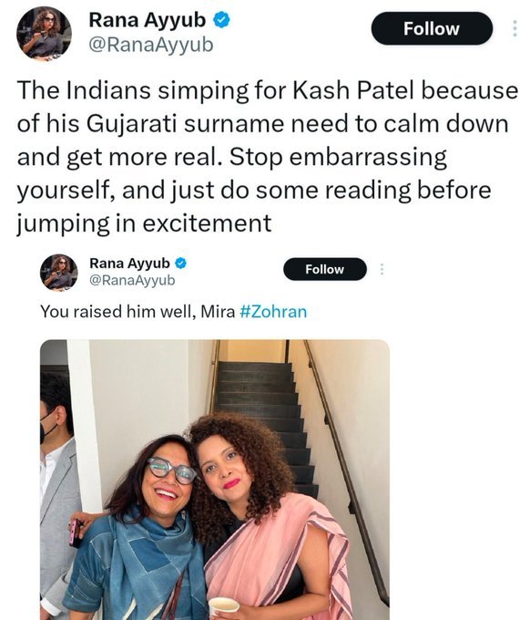Hindu__Voices's tweet photo. So supporting Kash Patel for his Indian roots is “embarrassing,” but glorifying Zohran for the same is pride? https://t.co/gPQTHfF7w2