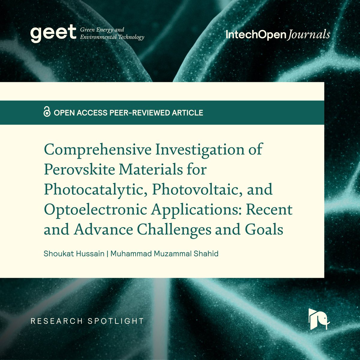 IntechOpen's tweet image. 🔦 Research Spotlight: #Perovskite materials are attracting attention for their potential to address global #energy and environmental challenges.

This #GEET article explains how they’re used in #Photocatalysis, #SolarEnergy conversion, and #HydrogenProduction, and what needs to…