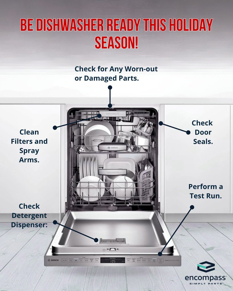 EncompassSP's tweet image. Holiday-ready dishwasher? Use our Prep Checklist: inspect parts, clean filters, test heating/drying, check seals, and run a test cycle. 

Stock OEM parts from Bosch, GE, Electrolux, Whirlpool, Samsung, and LG. Visit us Encompass.com 

#HolidayPrep #RepairReady