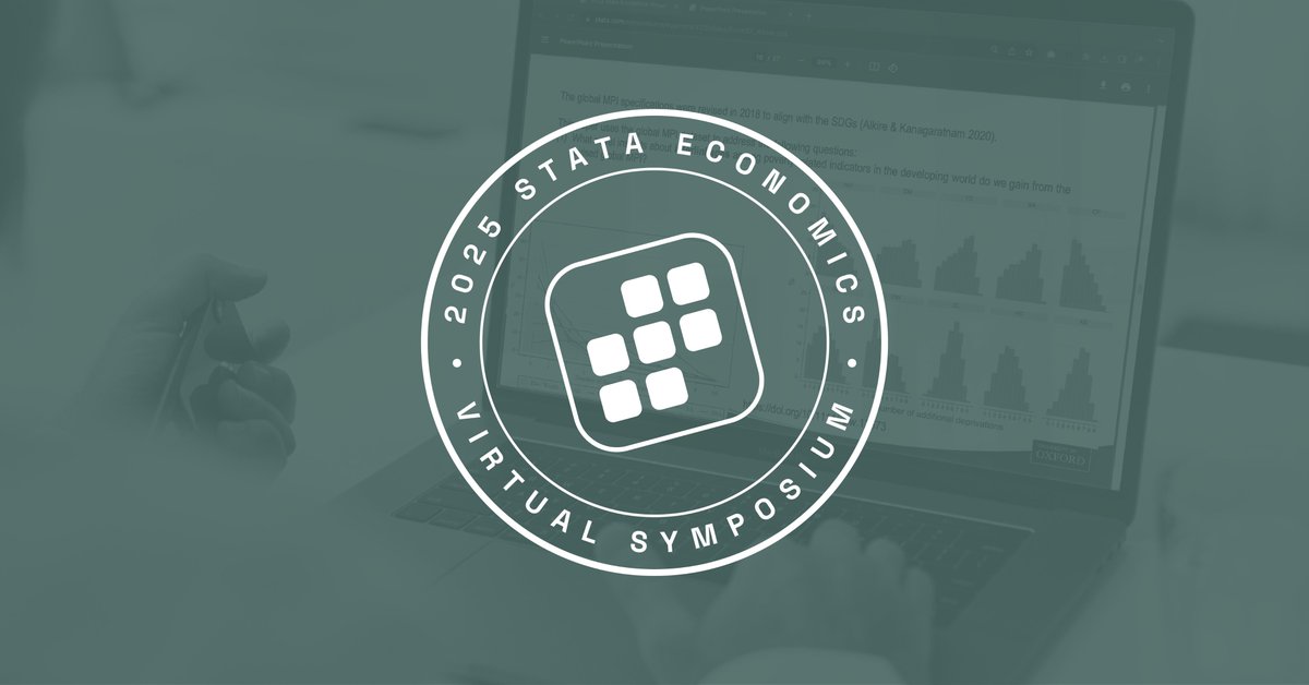 Stata's tweet image. We’re getting ready to kick things off at the 2025 Stata Economics Virtual Symposium.

Follow along for updates from today’s presentations on econometric theory and applied research using Stata.

#StataEcon25