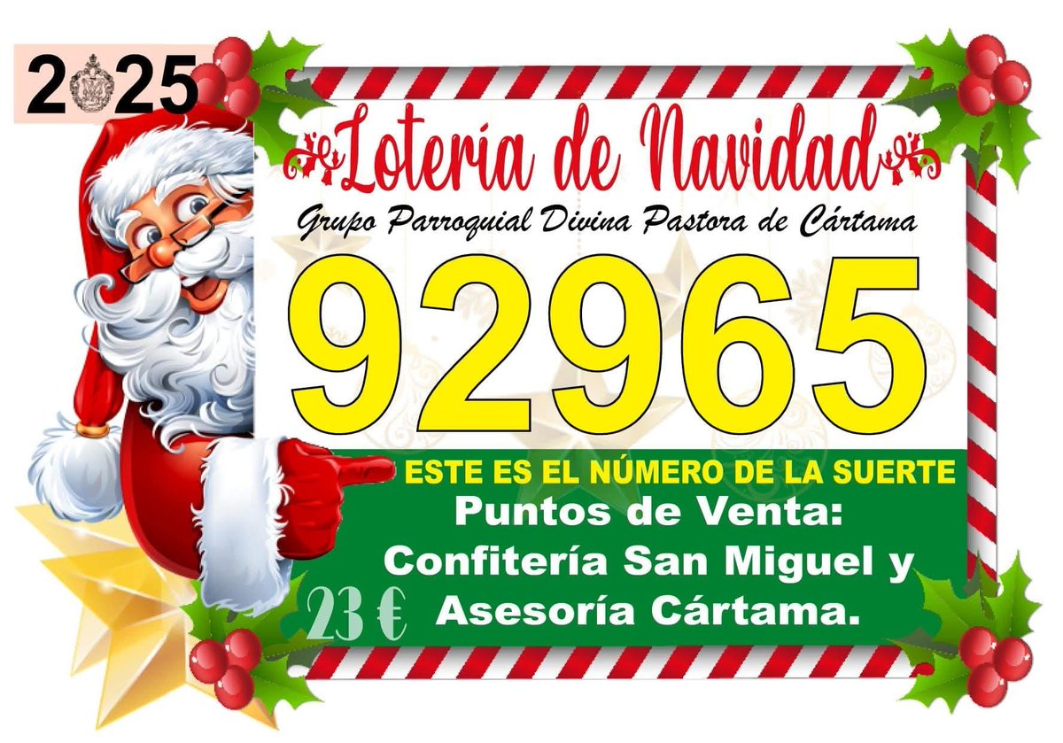 💰🎄| Ya tenemos disponible nuestro número de #LoteríadeNavidad: 92965

Puedes conseguirlo en nuestros puntos de ventas habituales:

-Confitería San Miguel
-Asesoría #Cártama 

¡#SUERTE!