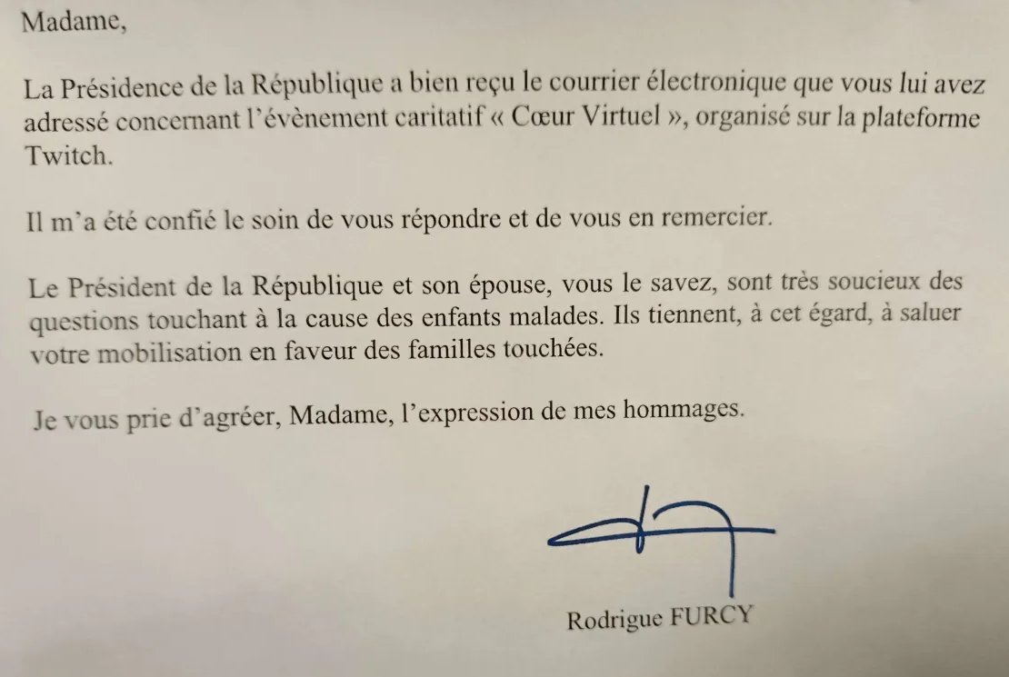 Pendant Coeur Virtuel, notre fondatrice <a href="/TenebraeVR/">Tenebrae - VtuberFR ❄️💫🌙</a> avait écrit un mail à Monsieur le Président <a href="/EmmanuelMacron/">Emmanuel Macron</a> pour lui faire part de notre action. Nous sommes contents d'avoir eu une réponse de son Chef de Cabinet !
#MakeAWish #CoeurVirtuel #Ensemble #Charity