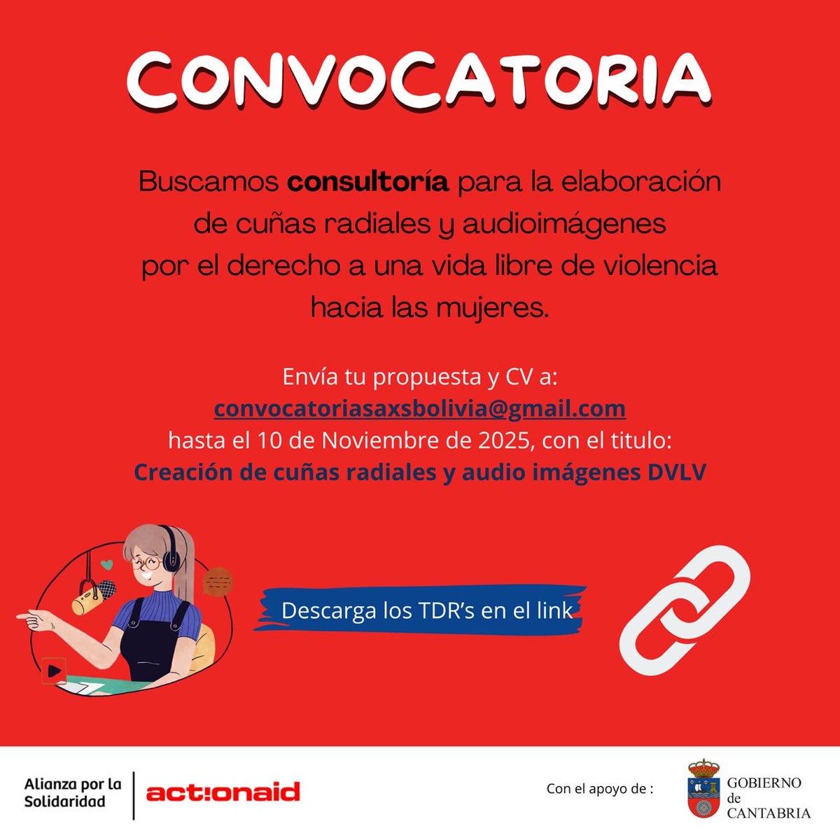 📢 CONVOCATORIA PÚBLICA

Buscamos consultoría para la elaboración de cuñas radiales y audioimágenes por el derecho de las mujeres a vivir libres de violencia. 

📄 TDR: aporlasolidaridad-my.sharepoint.com/:b:/g/personal…
💌 convocatoriasaxsbolivia@gmail.com
⏰ Plazo: 10/11/2025 – 13:00  

#Consultoría