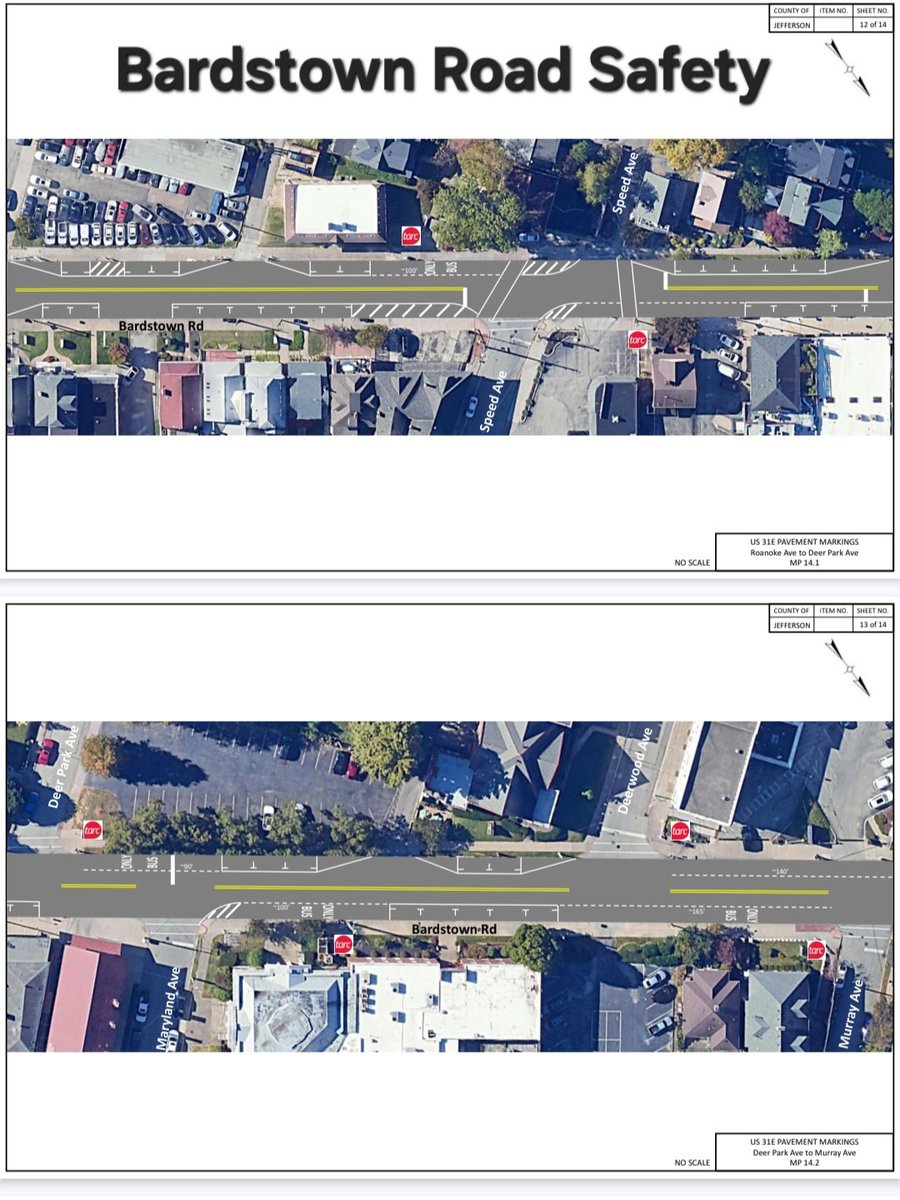 Many of us have been working on this safety improvement since 2018. Excited it's finally happening! 

Here’s the new configuration/striping plan for Bardstown Rd: Lots of new parking spots, better turn lanes, clearly marked bus stops and more.

Full plan
transportation.ky.gov/DistrictFive/S…