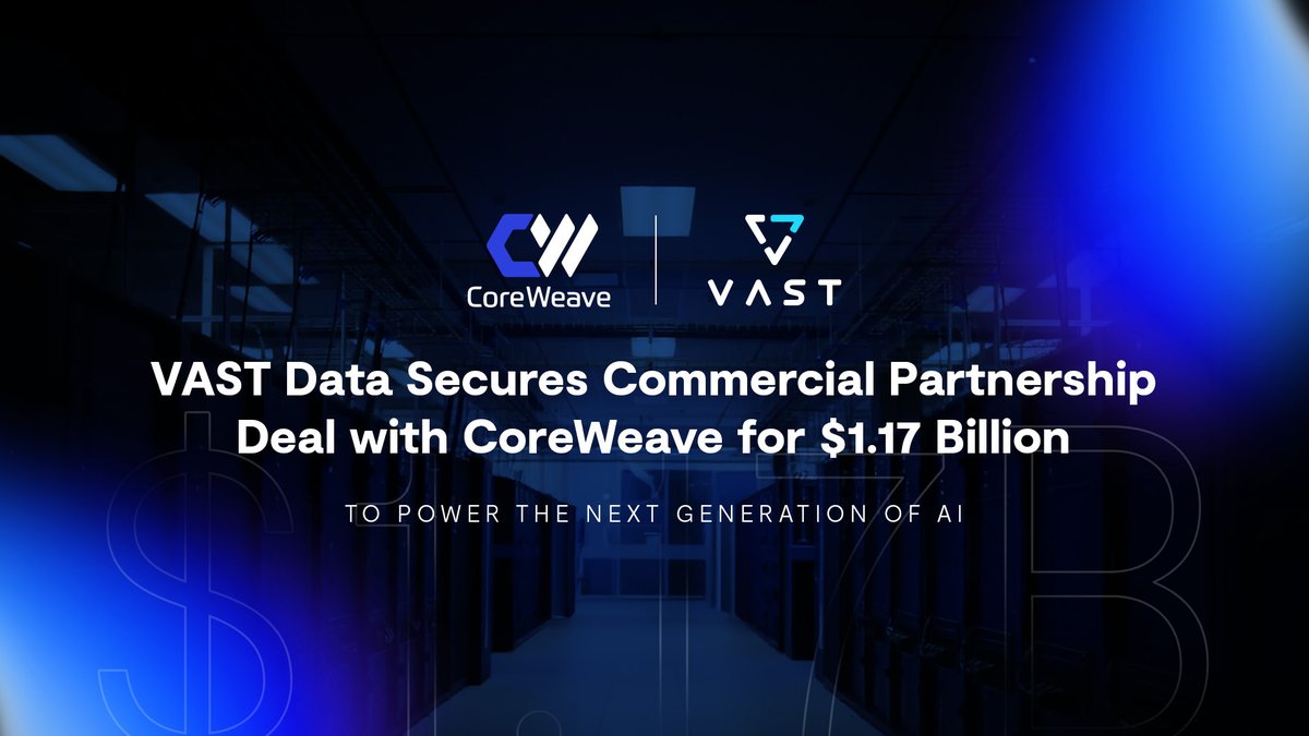 VAST_Data's tweet image. The VAST AI Operating System is the primary data foundation for the next generation of AI. VAST Data and @CoreWeave are proud to announce a $1.17 billion commercial agreement to extend the strategic partnership.

This expanded collaboration reinforces CoreWeave&apos;s commitment to…