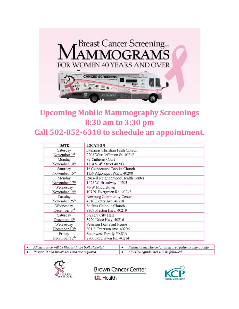KyCancerProgram's tweet image. Mobile Mammogram Screening Schedule
November-December 2025

Call 502-852-6318 to schedule an appointment.