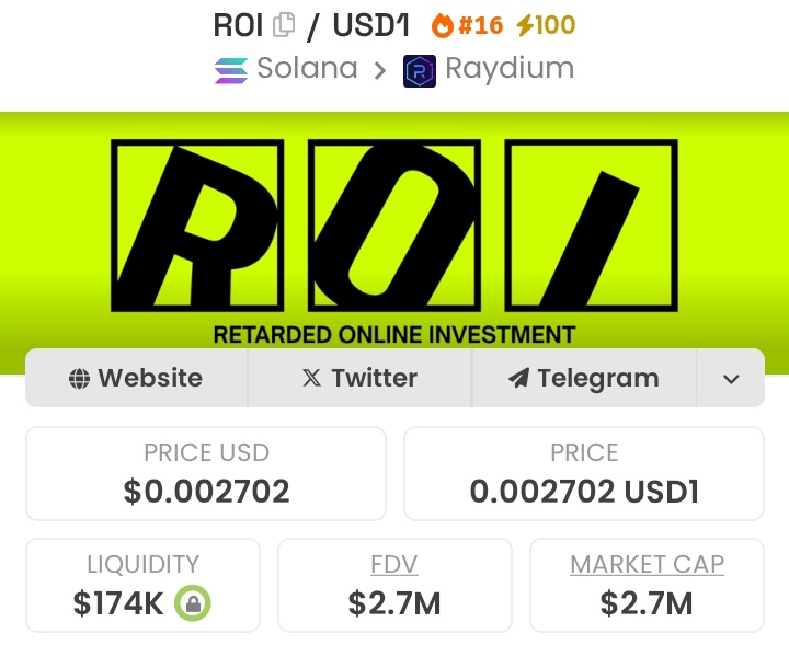 $ROI = from $6.5K to $2.7M mcap since I dropped it in my private TG 🚨🚀. Made 415.3x profits.

You either ape early with me or watch others eat 🍽️

Follow me &amp; shoot a DM to plug into the next 1000x 💸💰✌️🔥💯