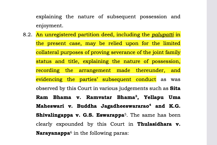 CiteCase's tweet image. #SupremeCourt reiterates that an unregistered partition deed may be relied upon for the limited collateral purposes of proving severance of the joint family status and title, explaining the nature of possession, recording the arrangement made thereunder, and evidencing the…