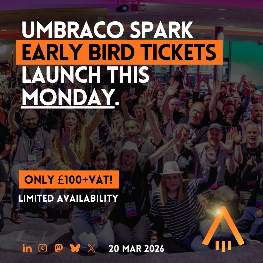 umbracospark's tweet image. 🚀 The countdown is on!
Early bird tickets for the 6th #UmbracoSpark Conference go on sale 12:00 GMT, Mon 10 Nov 🎟️

Don’t miss your chance to join the Umbraco community for talks, tech &amp;amp; inspiration.
👉 tickettailor.com/events/umbukfd…