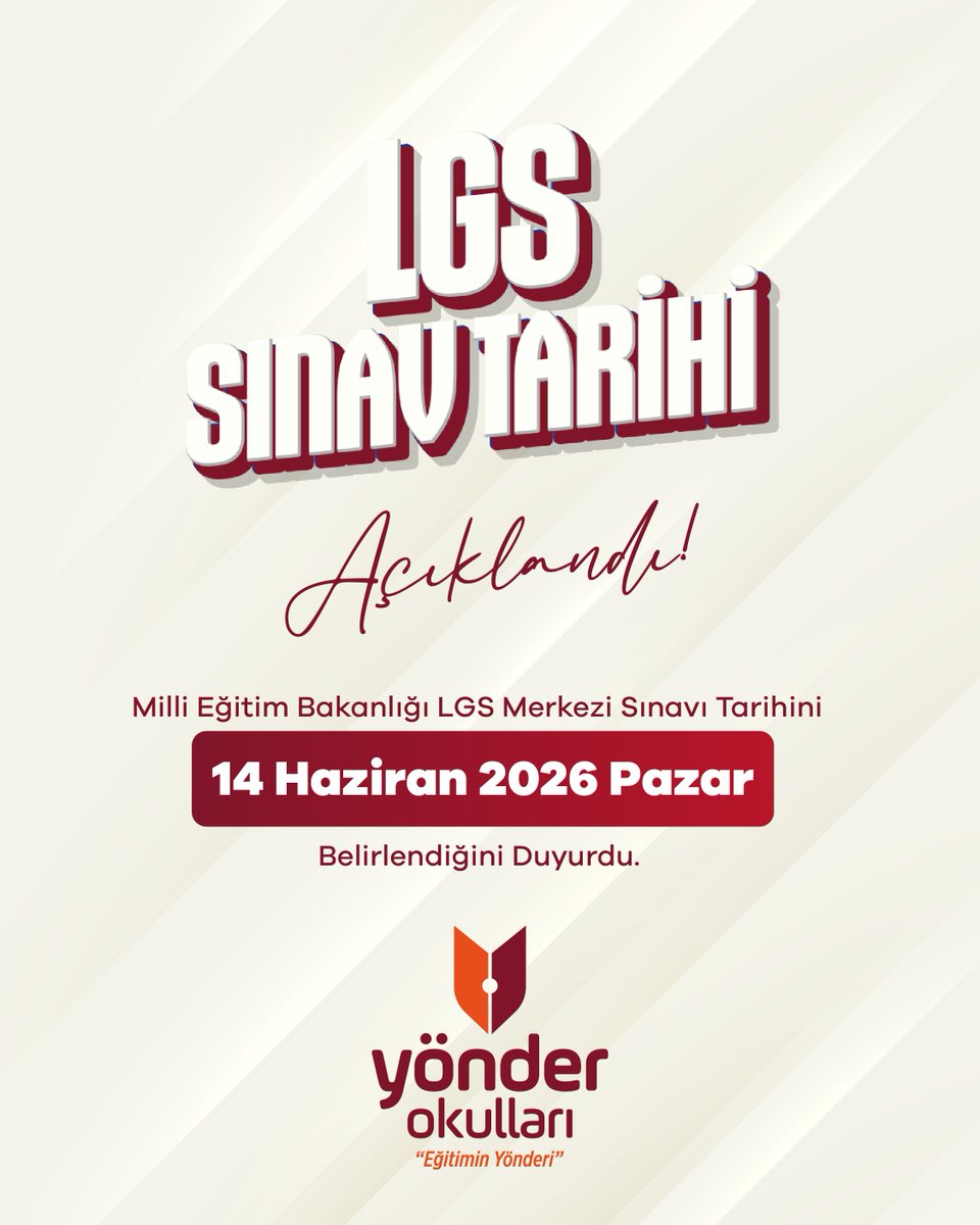 yonderokullari's tweet photo. 🎯 LGS 2026 Sınav Tarihi Açıklandı!
📅 14 Haziran 2026 – Pazar günü yapılacak sınavla, başarınızın dönüm noktasına adım atıyoruz.
#YönderOkulları #LGS2026 #HedefineKoş https://t.co/yYAd1DKyIp