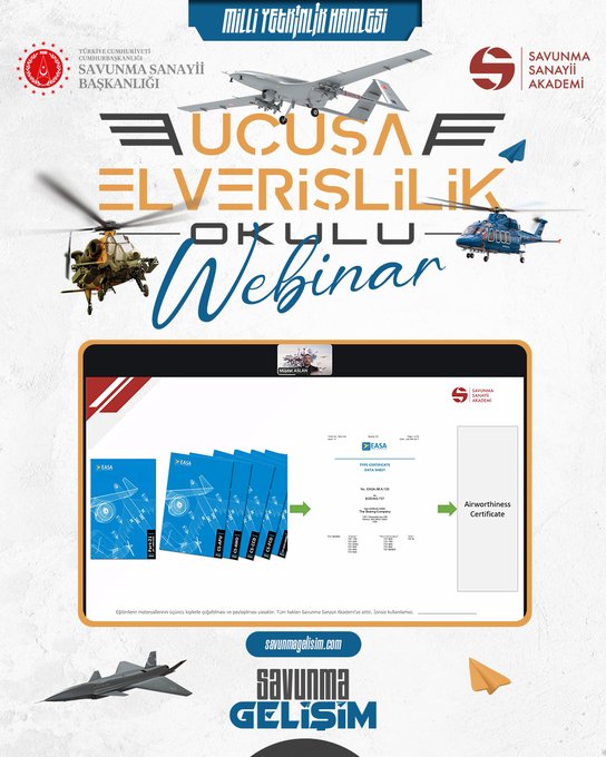 First image displays promotional graphic with Turkish flags, aircraft like jets and helicopters in flight, text announcing Uçuşa Elverişlilik Okulu Webinar series, portrait of man in headset speaking, Savunma Sanayii Akademi logo, and website savunmaakademi.com. Second image shows similar graphic with bookshelf background, man in suit and tie speaking, aircraft elements. Third image features graphic with screen capture of webinar interface displaying blue documents and Airworthiness Certification text.