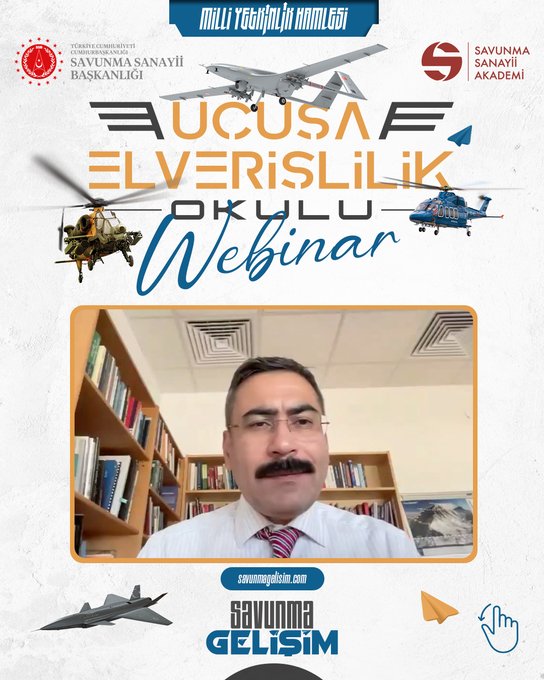 First image displays promotional graphic with Turkish flags, aircraft like jets and helicopters in flight, text announcing Uçuşa Elverişlilik Okulu Webinar series, portrait of man in headset speaking, Savunma Sanayii Akademi logo, and website savunmaakademi.com. Second image shows similar graphic with bookshelf background, man in suit and tie speaking, aircraft elements. Third image features graphic with screen capture of webinar interface displaying blue documents and Airworthiness Certification text.