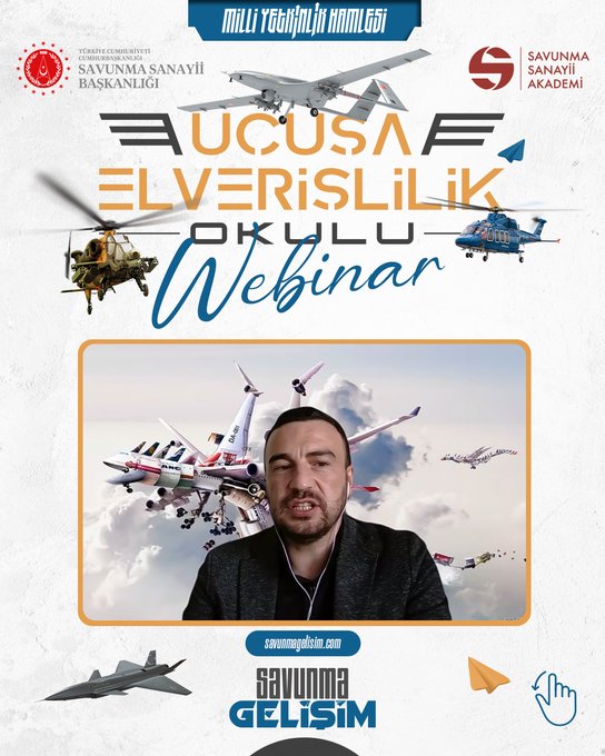 First image displays promotional graphic with Turkish flags, aircraft like jets and helicopters in flight, text announcing Uçuşa Elverişlilik Okulu Webinar series, portrait of man in headset speaking, Savunma Sanayii Akademi logo, and website savunmaakademi.com. Second image shows similar graphic with bookshelf background, man in suit and tie speaking, aircraft elements. Third image features graphic with screen capture of webinar interface displaying blue documents and Airworthiness Certification text.