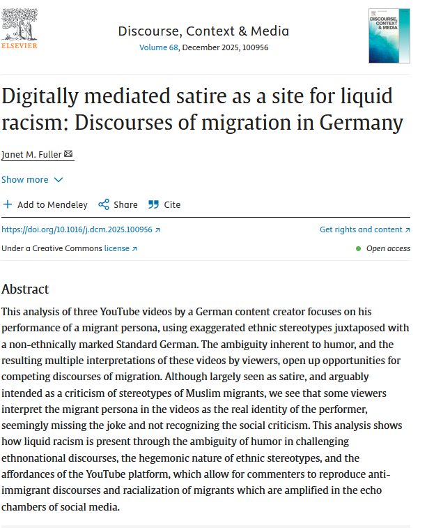📢New article!!! 
🟦J. Fuller studies humorous challenges of ethnonationalist discourses. 
🟦Data comes from YouTube videos by a comedian enacting a migrant in Germany. 
🟦Ambiguity of humour &amp; social media affordances result in liquid racism. 
🔗bit.ly/4oCtLpy