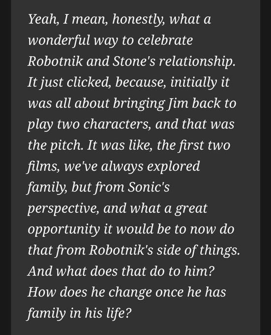 Stob_Archive's tweet image. In an interview with director Jeff Fowler for Sonic 3, he spoke on the relationship between Stone and Robotnik, calling them “family,” and saying “the love is there” between them.