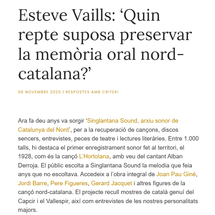 estevevalls's tweet image. 𝗣𝗿𝗲𝘀𝗲𝗿𝘃𝗮𝗿 𝗹𝗮 𝗺𝗲𝗺𝗼̀𝗿𝗶𝗮 𝘀𝗼𝗻𝗼𝗿𝗮, 𝘂𝗻 𝗿𝗲𝗽𝘁𝗲 𝗲𝗻𝘁𝘂𝘀𝗶𝗮𝘀𝗺𝗮𝗻𝘁
L&apos;oficina del 131è president de la Generalitat de Catalunya, Joaquim Torra, m&apos;honora amb una publicació a la seua pàgina web oficial.
@KRLS