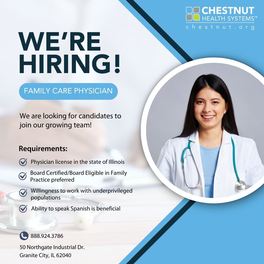 Hiring Family Practice Physician – Granite City, IL 💼
$180K–$215K | No call/weekends | Loan repayment (NHSC/SLRP) | Strong benefits + CME.
Make an impact through integrated care at Chestnut Family Health Center.
Apply: ow.ly/vX6f50XngAp#Ph…