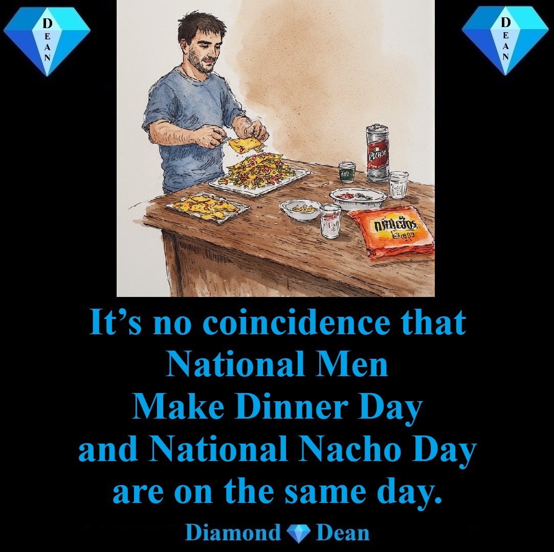 DeanBurkey's tweet photo. Ladies, guess what’s for dinner!
And if you don’t like chips for supper,
this is just Nacho Day.
#DeanSays #DeanMemes #Comedy #TooTrue #Happy #NationalMenMakeDinnerDay #NationalNachoDay
Love Fun &amp; Funny Stories? Enjoy Diamond💎Dean Books: https://t.co/TA5unptV2r
😎🖖❤️ https://t.co/EKTGX8HT7K