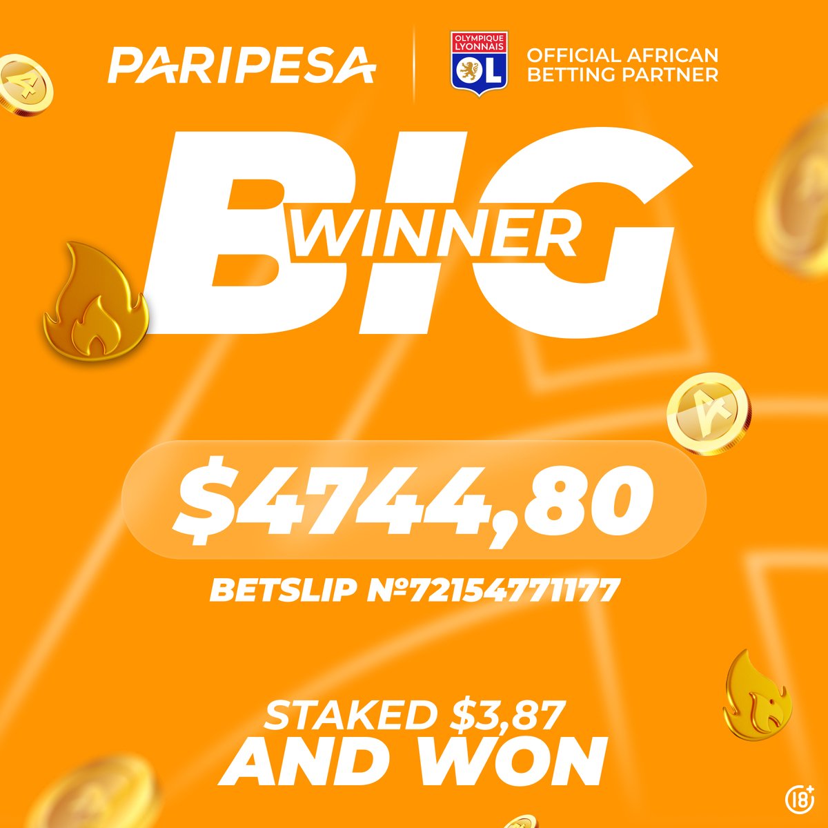 🔥 BIG WIN ALERT! 🔥

💸 $3.87 ➜ $4,744.80
⚽️ 20 football bets
🎯 Total odds: 1225.84 — pure madness!

Think you’ve got the guts to top that? 👀
Your move — bet smart with PariPesa!