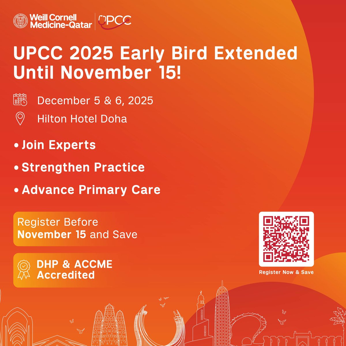 ⏰ Just a few days left to secure your Early Bird discount for #UPCC2025 — Qatar’s leading primary care conference!

Join family physicians &amp; GPs for expert-led sessions advancing excellence in primary care.

📅 Dec 5–6 | 📍 Hilton Doha
🔗 Register: tinyurl.com/3yrme8v7