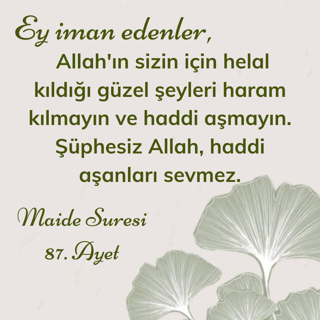 Ey iman edenler, Allah'ın sizin için helal kıldığı güzel şeyleri haram kılmayın ve haddi aşmayın. Şüphesiz Allah, haddi aşanları sevmez. Maide Suresi 87. Ayet