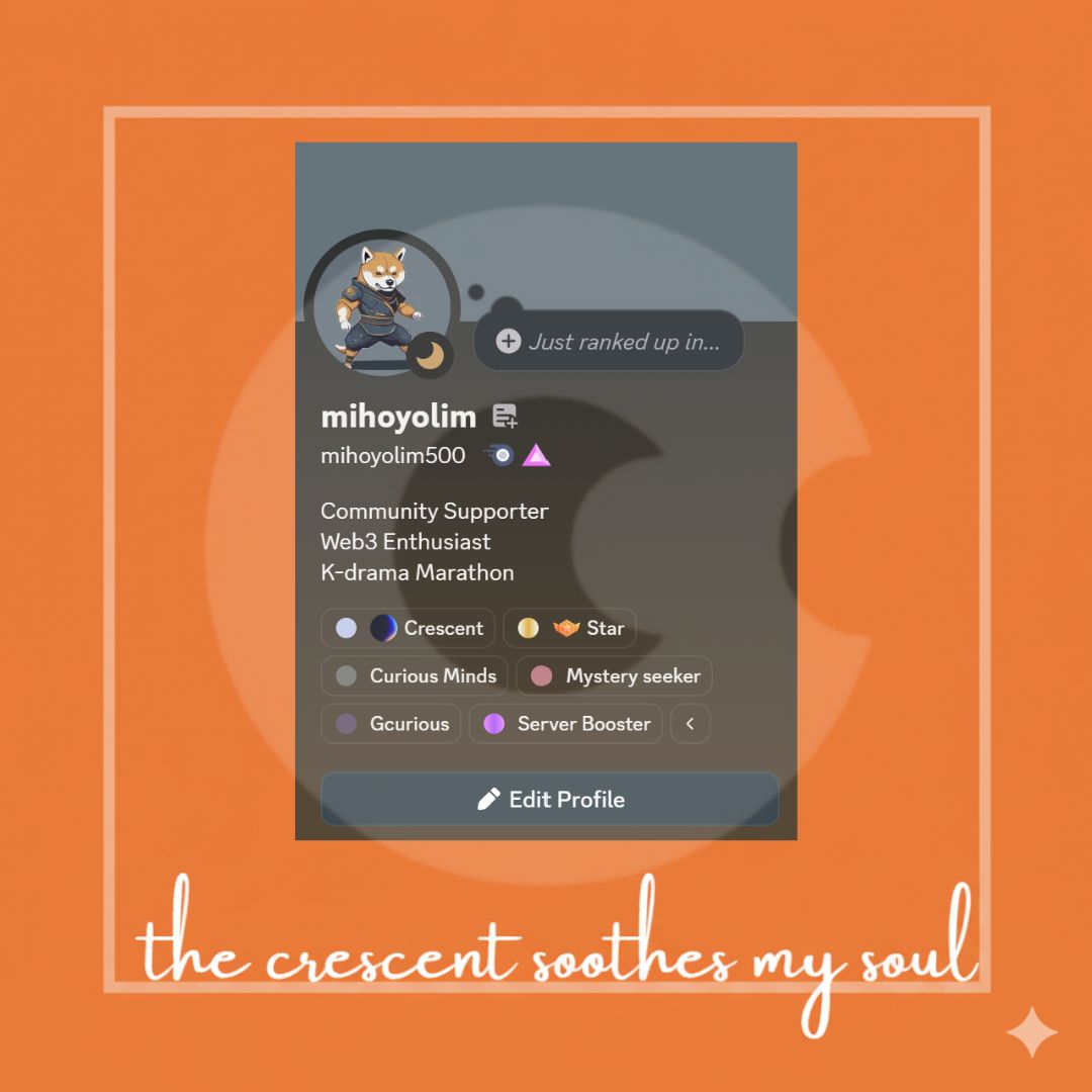 suupeerduper500's tweet photo. Gcurious Person! 

It's and honor for me to become "Crescent." Thank you team for trusting me. I'll do my best to share a great things for community. 

Let's road to full moon together 😍 

@curiousbrowser #curiousbrowser #curious #crescent #discordrole #role https://t.co/sSxQbUSCiM
