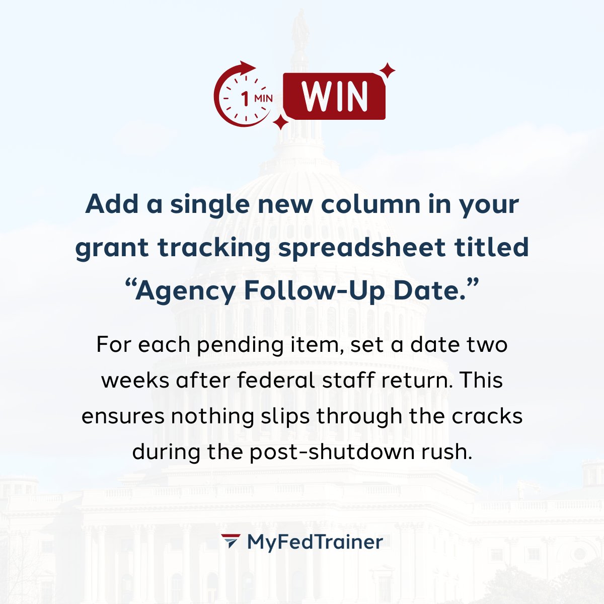 While the federal shutdown continues, take 1 minute now to add an “Agency Follow-Up Date” column to your grant tracker; then, set a follow-up two weeks after the government reopens.

It’ll keep you ahead of the rush later!

#GrantManagement #OneMinuteWin