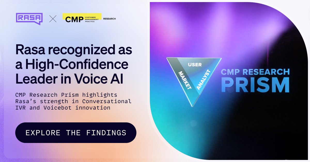 Rasa_HQ's tweet photo. We’re excited to announce our placement in the CMP Research Prism
technology assessment for Conversational IVR/Voicebot as a Leading provider. This
evaluation underscores our commitment to top-tier #CX and customer contact innovation.

👉 Download now: https://t.co/UUSe11IOxL https://t.co/hiHNDjeKJP