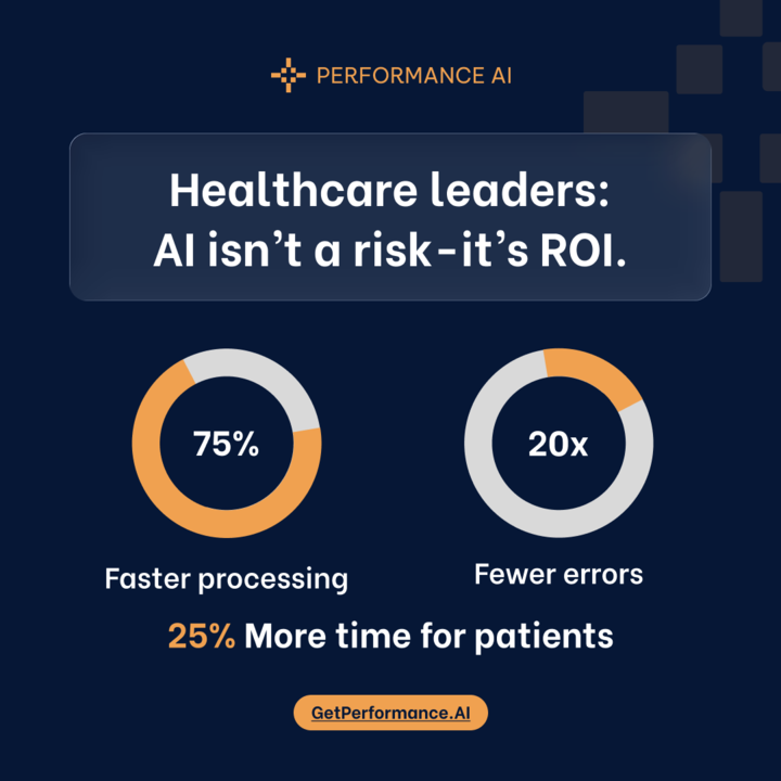 Healthcare leaders: AI isn’t a risk - it’s ROI.

What would your team do with 75% faster processing and 20x fewer errors?
#getperformanceai #aiforhealthcare