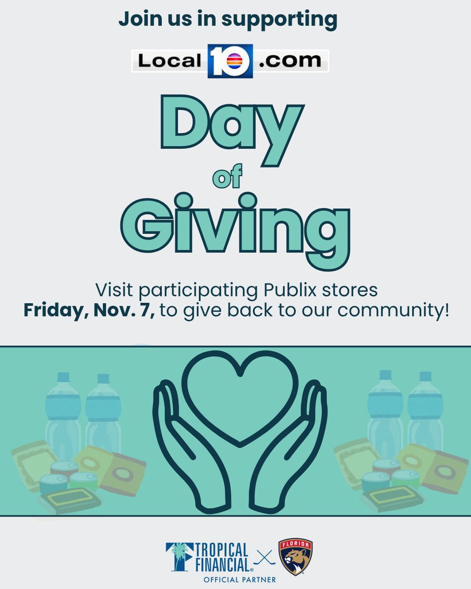 We’re proud to support @Local10News Day of Giving! 🥫

This Friday, Nov. 7, stop by select <a href="/Publix/">Publix</a> locations to donate non-perishable goods and help make a difference for families in need this season. ❤️

Find participating locations here: hubs.li/Q03RP16L0