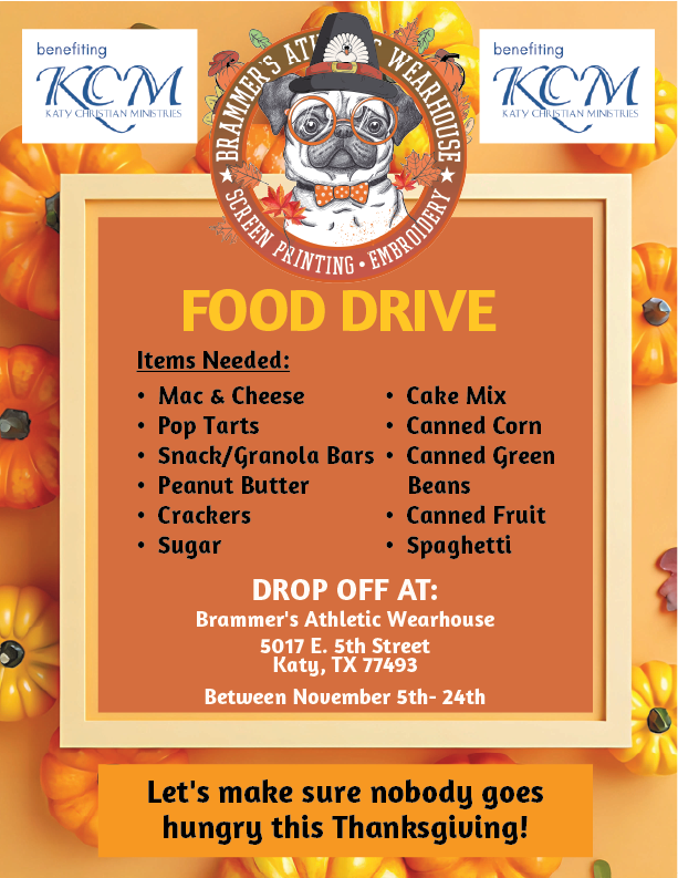 BrammersKaty's tweet image. 🦃 Thanksgiving Food Drive is on!
Drop off canned goods &amp;amp; pantry items at Brammer’s Athletic Wearhouse now through November 24th!
Let’s help make sure everyone has a meal to be thankful for. 💛
#ThanksgivingFoodDrive #KatyCommunity #GiveBack
