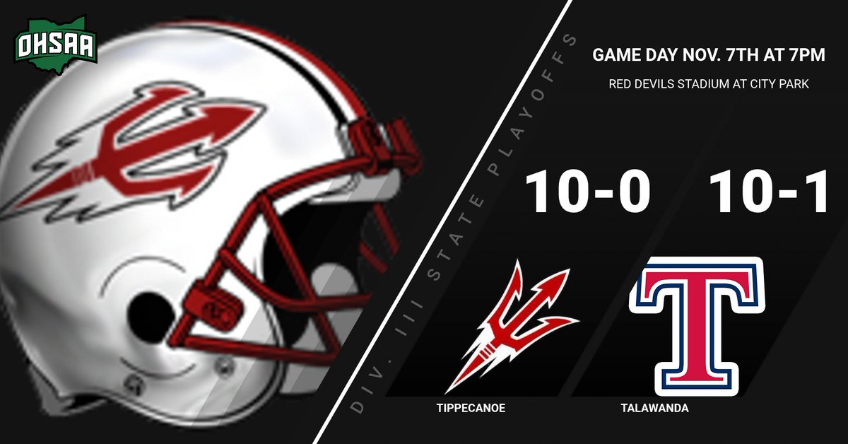 TippRedDevils's tweet image. The @TippFB Red Devils (10-0) will open up the OHSAA Div. III Football Playoffs by hosting the 
@TalawandaFB Braves (10-1) on Friday, Nov. 7th at 7pm @ City Park.  The winner will advance to a Regional Semifinal on Nov. 14th.
#Hornsup
#believeit