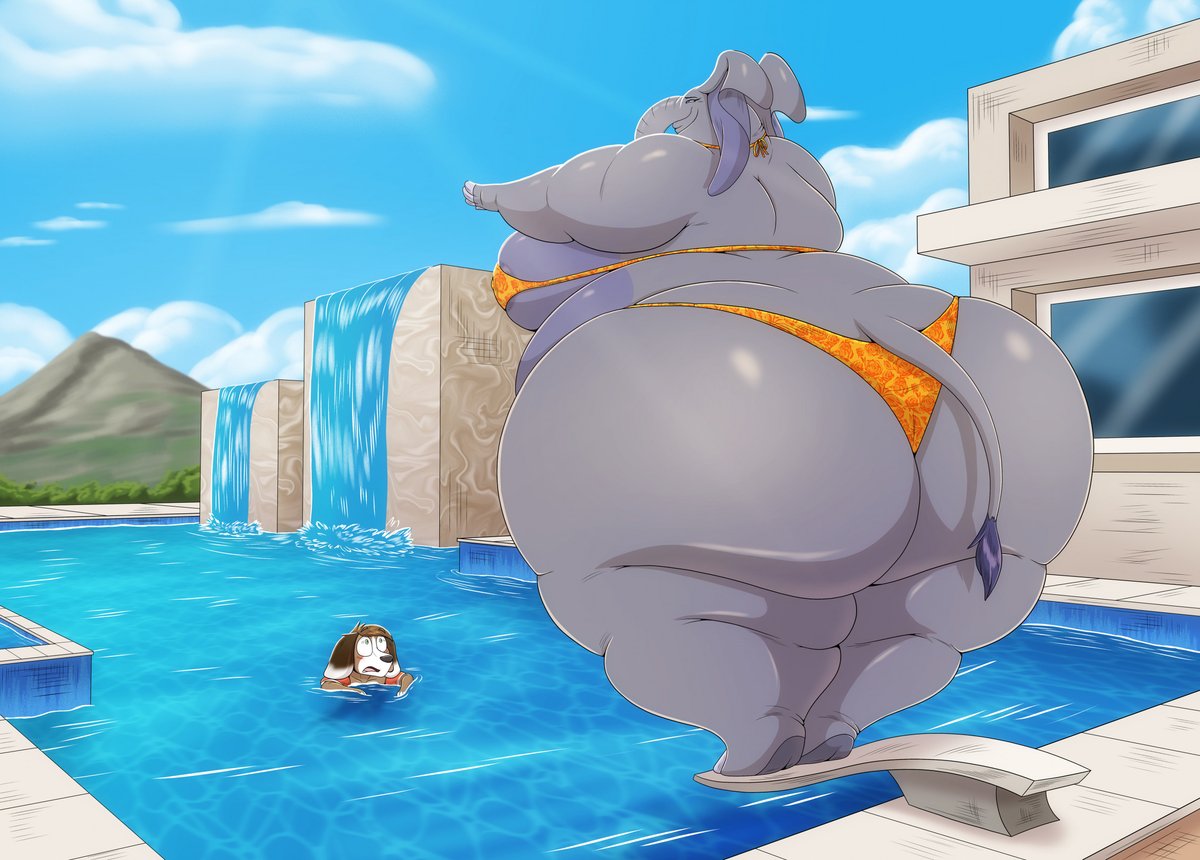 Heya guys! Here's a commission for westernfront. All Jeffers wanted to do was to try and learn to swim and now he's gonna have an elephant come dropping towards him.

Lucky fella XD

Enjoy!